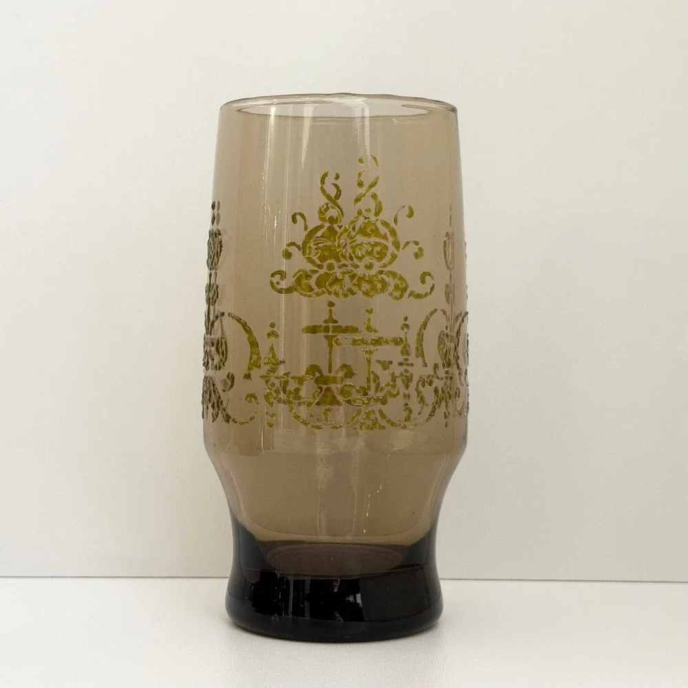 Set of Four Vintage Libbey Glasses Smokey Brown Hand Painted Victorian Gold 12oz